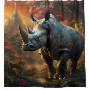 Fantasy Cute Vivid Flowers Majestic Rhino Shower Curtain