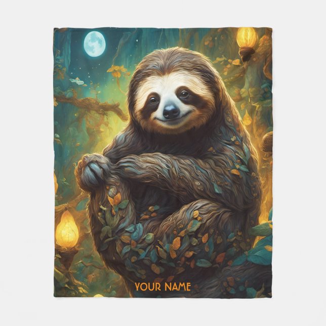 Fantasy Cute Vivid Flowers Majestic Sloth Fleece Blanket (Front)