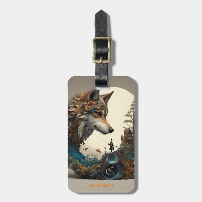 Fantasy Cute Vivid Flowers Wolf Wizard Luggage Tag (Front Vertical)