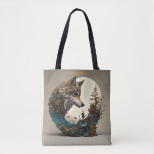 Fantasy Cute Vivid Flowers Wolf Wizard Tote Bag
