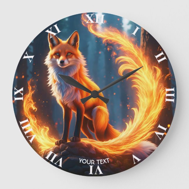 Fantasy Cute Vivid Fox Fire Forest Large Clock (Front)