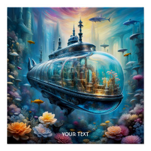 Fantasy Cute Vivid Glass Submarine Flowers Poster