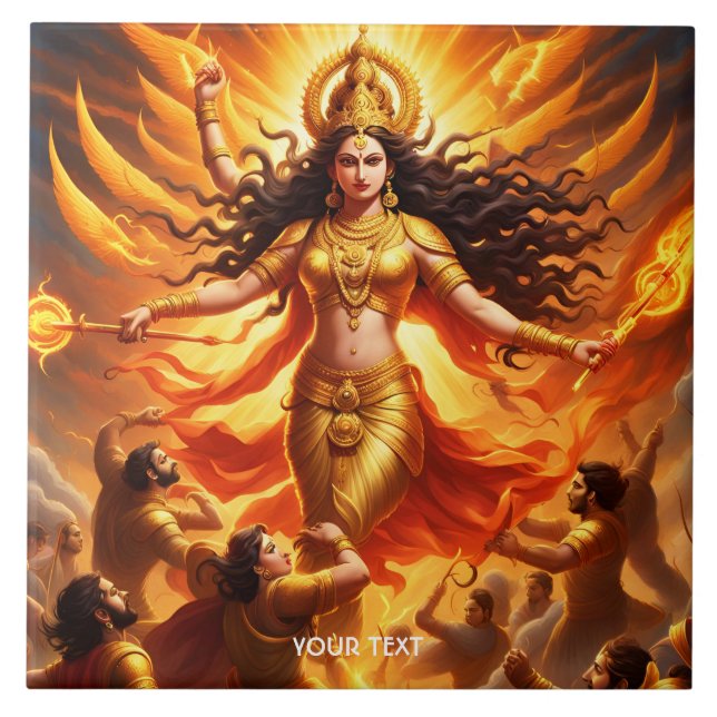 Fantasy Cute Vivid Goddess Durga Battle Ceramic Tile (Front)