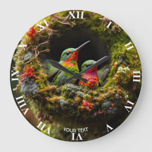Fantasy Cute Vivid Hummingbird Nest Moss Large Clock