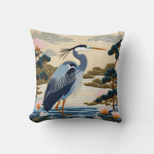Fantasy Cute Vivid Japanese Heron Blue Cushion