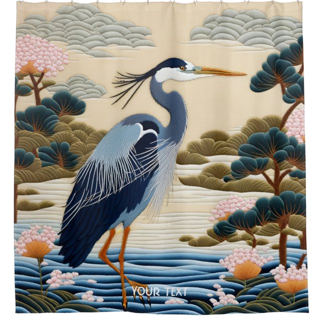 Fantasy Cute Vivid Japanese Heron Blue Shower Curtain (Front)