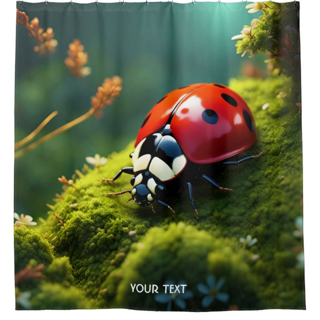 Fantasy Cute Vivid Ladybug Moss Summer Shower Curtain (Front)