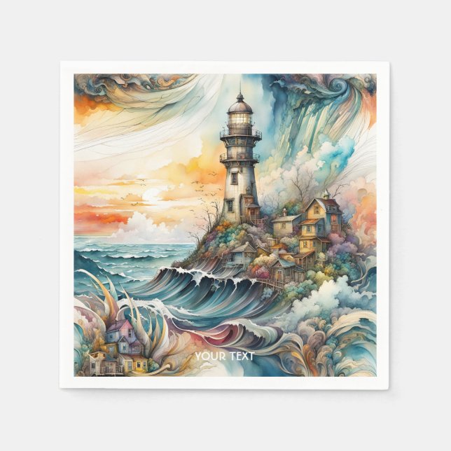 Fantasy Cute Vivid Lighthouse Cartoon Storm Napkin (Front)