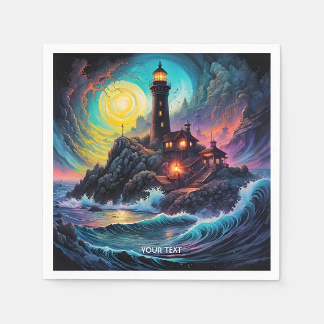 Fantasy Cute Vivid Lighthouse Sea Night Napkin (Front)
