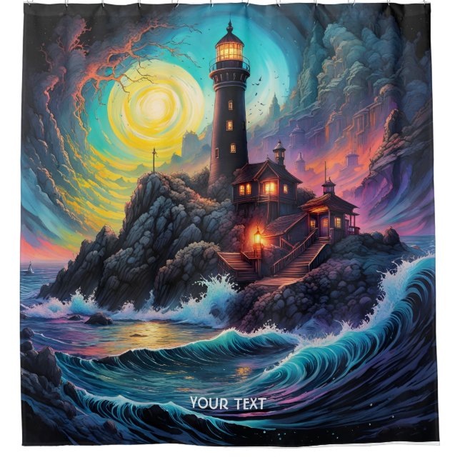 Fantasy Cute Vivid Lighthouse Sea Night Shower Curtain (Front)