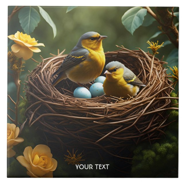 Fantasy Cute Vivid Nesting Finches Forest Ceramic Tile (Front)