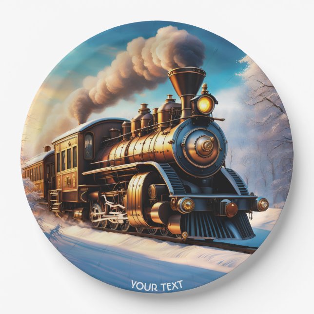 Fantasy Cute Vivid Old Train Winter Paper Plate (Front)