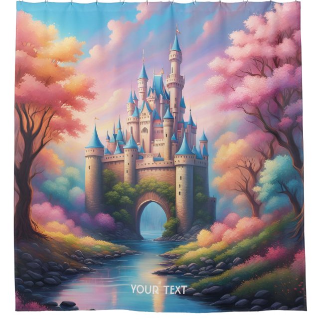 Fantasy Cute Vivid Pastel Trees Castle Shower Curtain (Front)