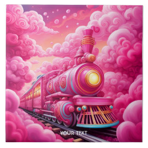 Fantasy Cute Vivid Pink Clouds Train Ceramic Tile