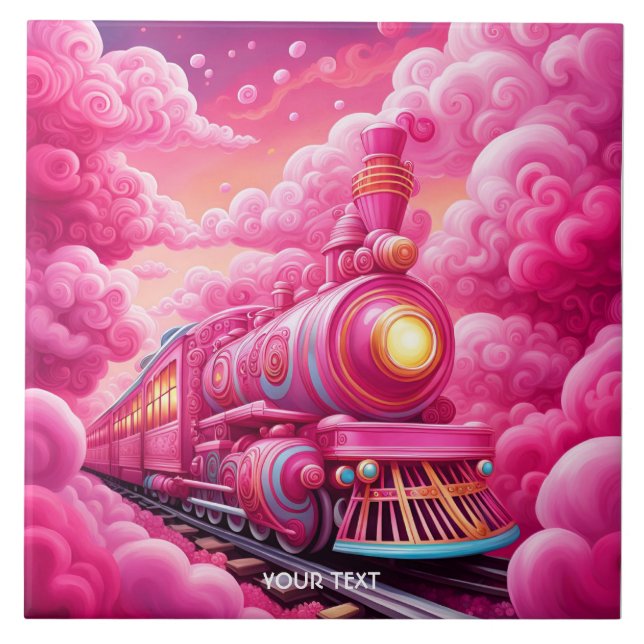 Fantasy Cute Vivid Pink Clouds Train Ceramic Tile (Front)