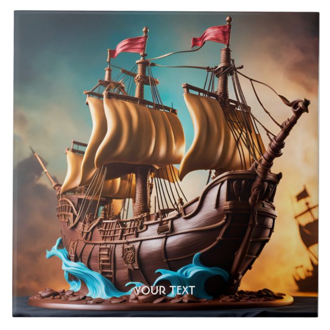 Fantasy Cute Vivid Pirate Ship Cake Ceramic Tile (Front)