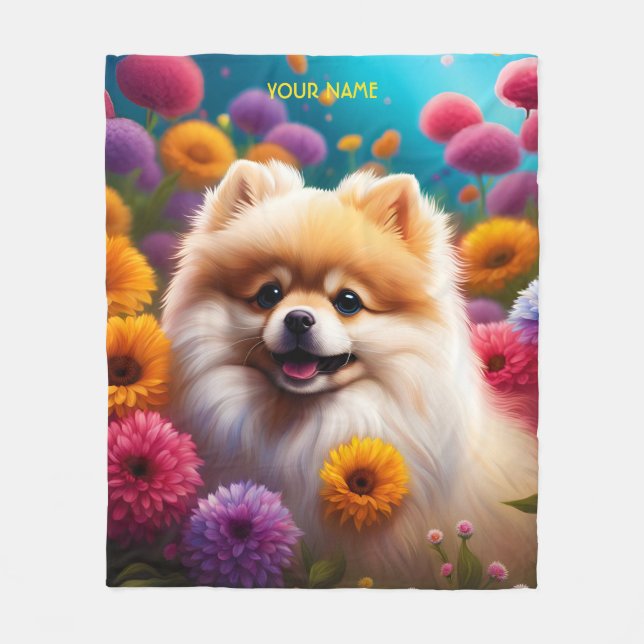 Fantasy Cute Vivid Pomeranian Baby Flowers Fleece Blanket (Front)