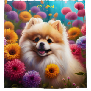 Fantasy Cute Vivid Pomeranian Baby Flowers Shower Curtain