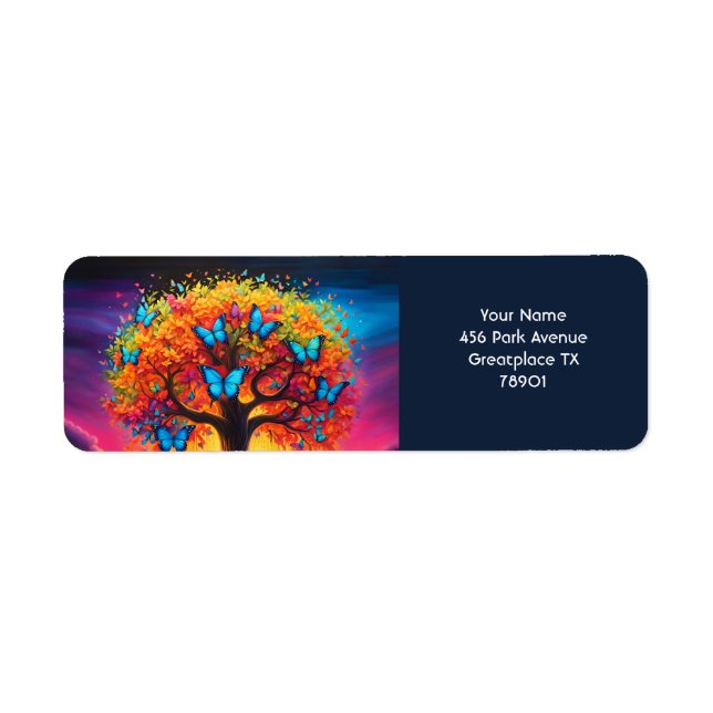 Fantasy Cute Vivid Rainbow Tree Butterflies Return Address Label (Front)