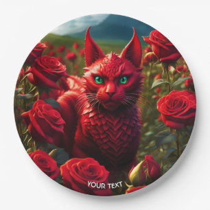 Fantasy Cute Vivid Red Cat Dragon Paper Plate