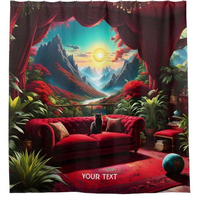 Fantasy Cute Vivid Red Couch Cat Shower Curtain (Front)