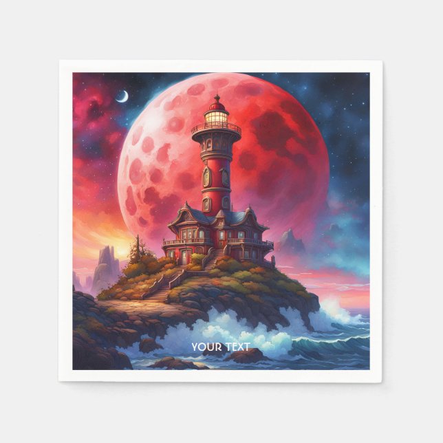 Fantasy Cute Vivid Red Lighthouse Moon Napkin (Front)