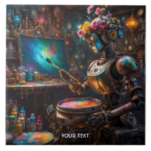 Fantasy Cute Vivid Robot With Paintbrush Ceramic Tile