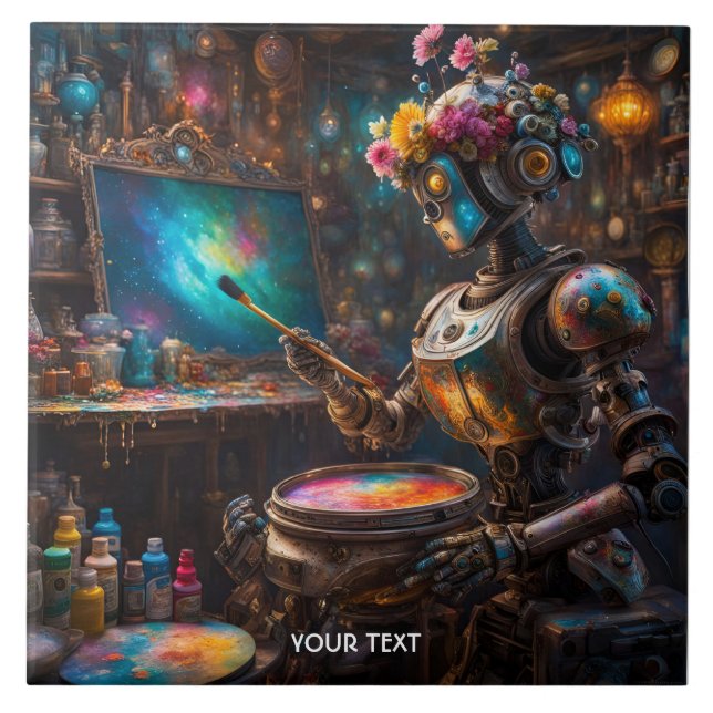 Fantasy Cute Vivid Robot With Paintbrush Ceramic Tile (Front)