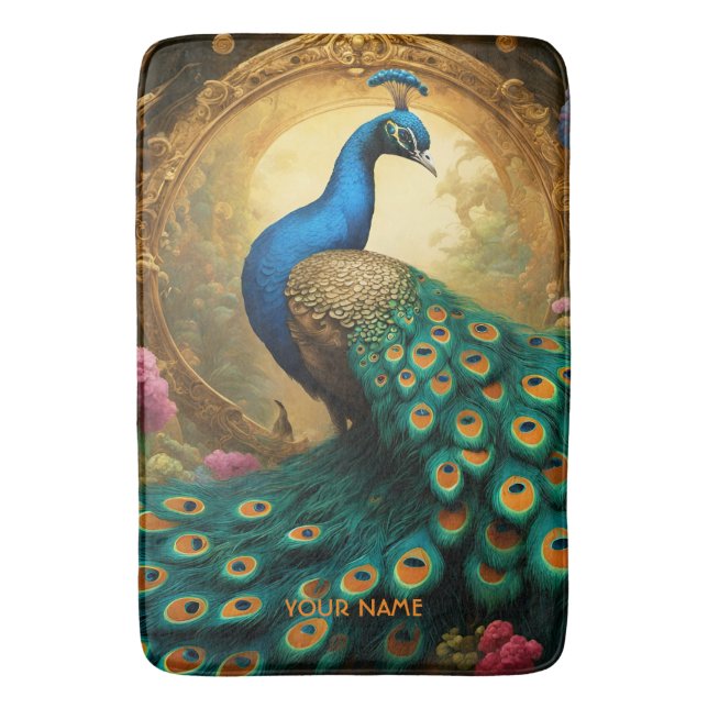 Fantasy Cute Vivid Romantic Peacock Portrait Bath Mat (Front Vertical)