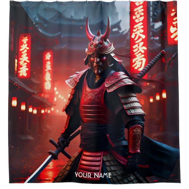 Fantasy Cute Vivid Samurai In Red Shower Curtain (Front)