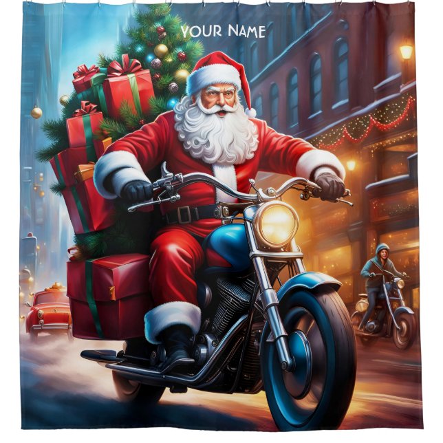 Fantasy Cute Vivid Santa Driving Bike Shower Curtain (Front)