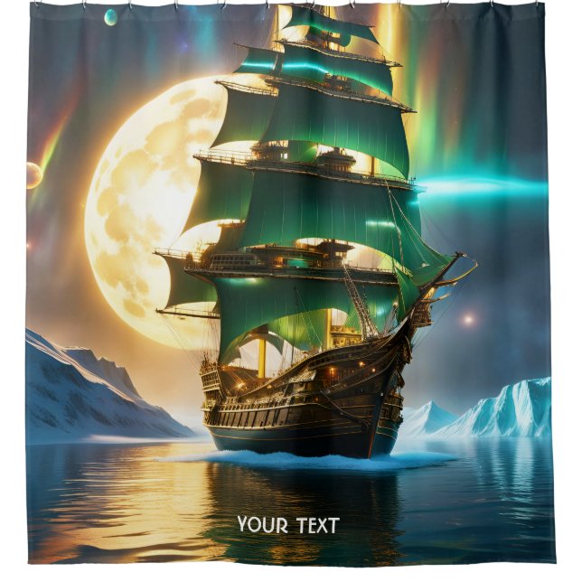Fantasy Cute Vivid Sea Ship Moon Shower Curtain (Front)