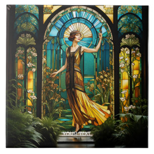 Fantasy Cute Vivid Stained Glass Woman Ceramic Tile