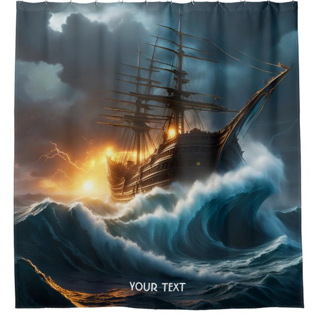 Fantasy Cute Vivid Storm Sea Ship Shower Curtain (Front)