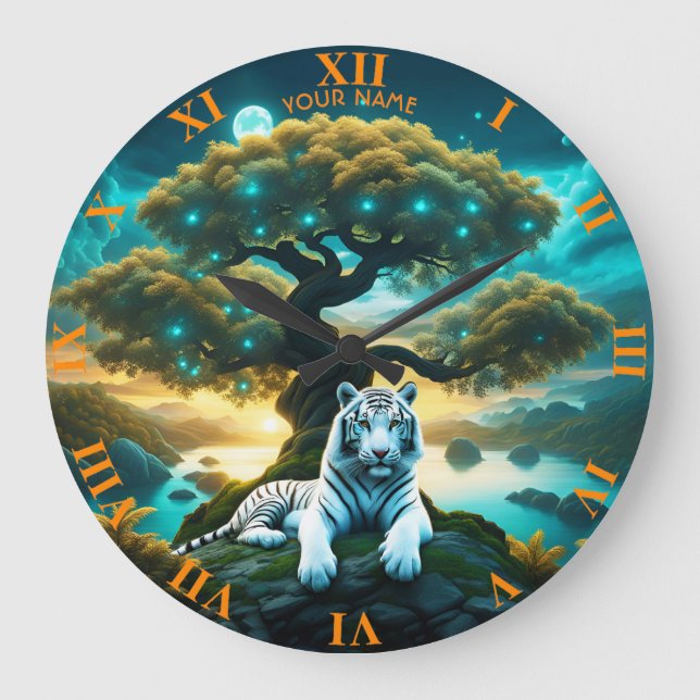 Fantasy Cute Vivid Tiger Life Tree Large Clock (Front)