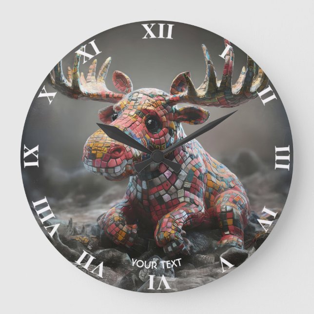Fantasy Cute Wacky Mosaic Moose Large Clock (Front)
