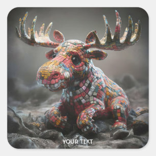 Fantasy Cute Wacky Mosaic Moose Square Sticker