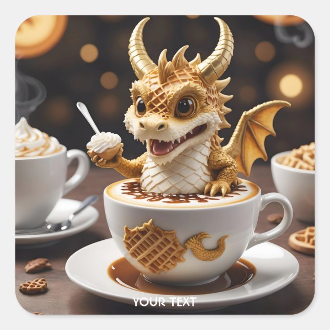 Fantasy Cute Waffle Dragon Coffee Square Sticker (Front)