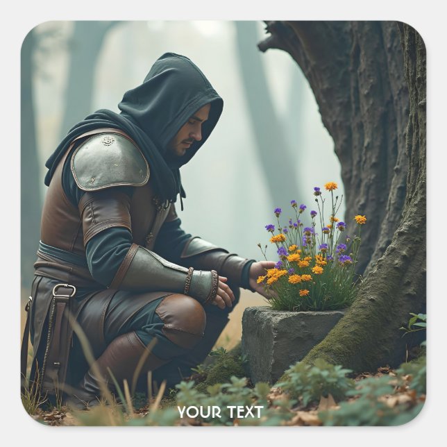 Fantasy Cute Warrior Wild Flowers Square Sticker (Front)