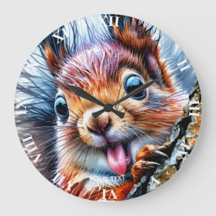 Fantasy Cute Watercolor Squirrel Tongue Large Clock