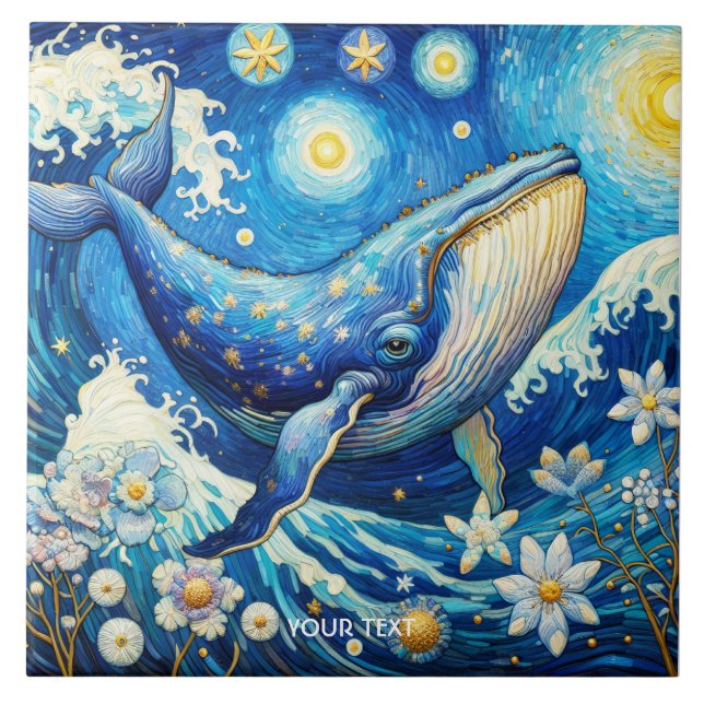Fantasy Cute Whale Stars Sea Ceramic Tile (Front)