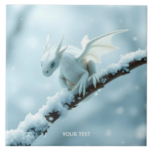 Fantasy Cute White Baby Dragon Ceramic Tile