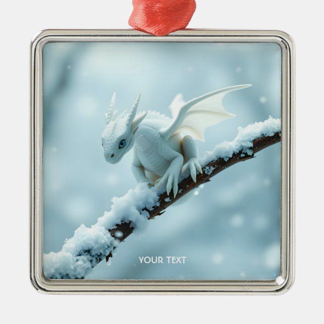 Fantasy Cute White Baby Dragon Metal Ornament (Front)