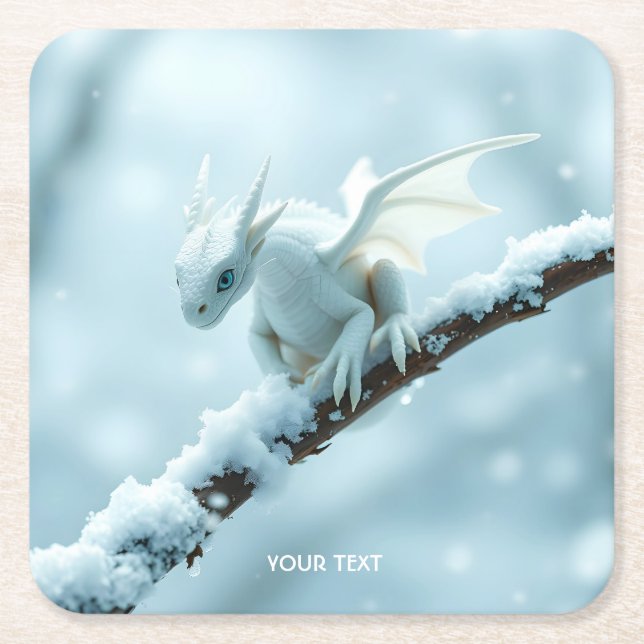 Fantasy Cute White Baby Dragon Square Paper Coaster (Front)