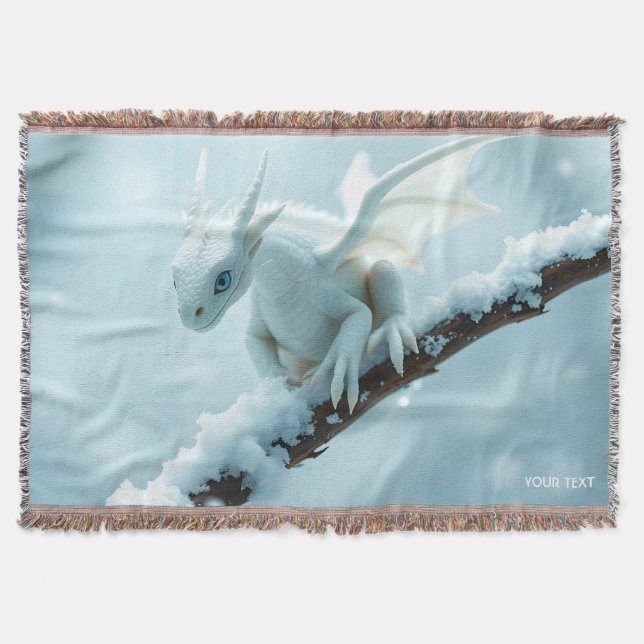 Fantasy Cute White Baby Dragon Throw Blanket (Front)