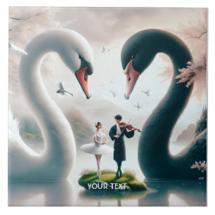 Fantasy Cute White Black Swans Ceramic Tile