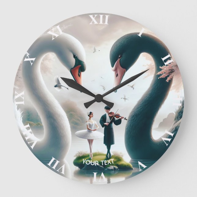 Fantasy Cute White Black Swans Large Clock (Front)
