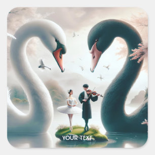 Fantasy Cute White Black Swans Square Sticker