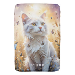 Fantasy Cute White Cat Butterflies Bath Mat