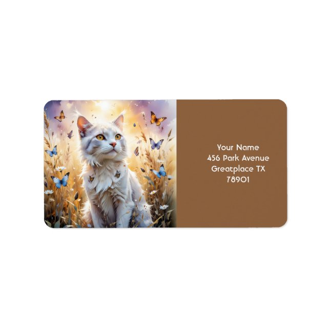 Fantasy Cute White Cat Butterflies Label (Front)